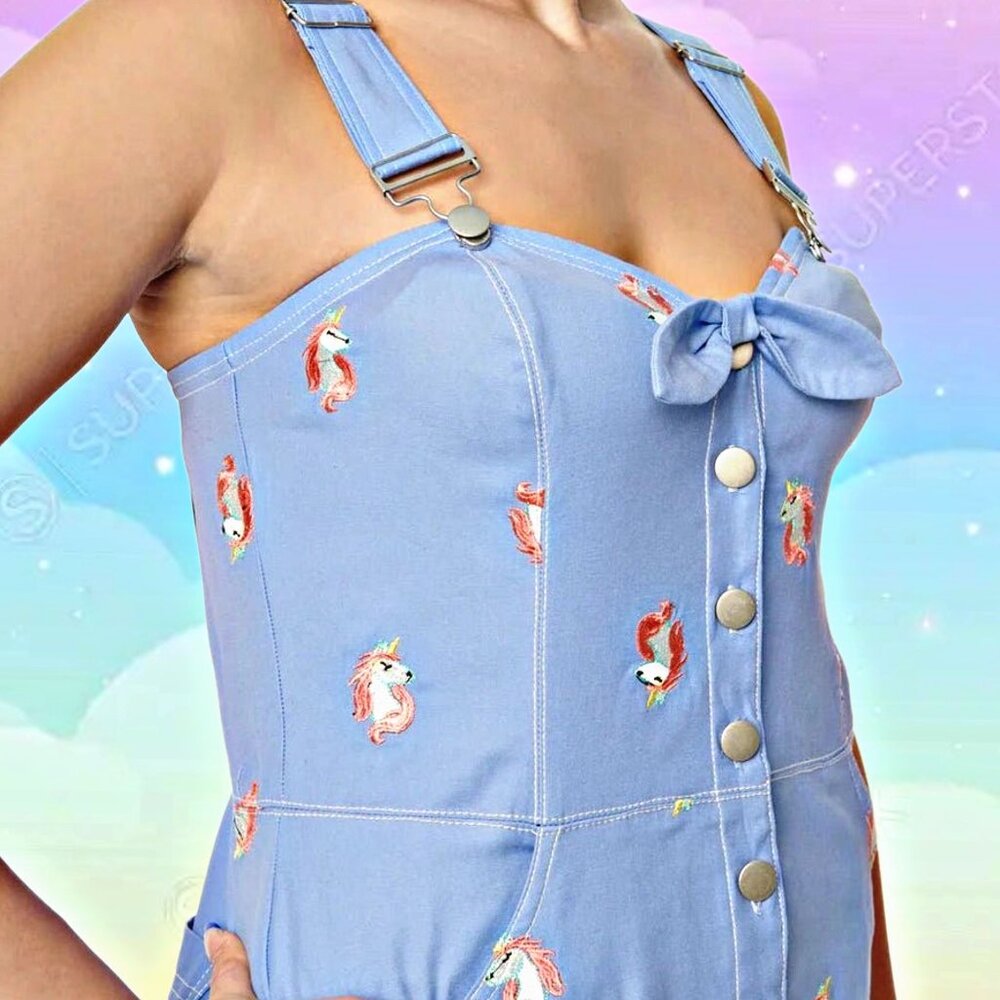 Unique Vintage Periwinkle Denim Mini Dress Embroidered Unicorn Overalls Size 3X - Picture 3 of 11